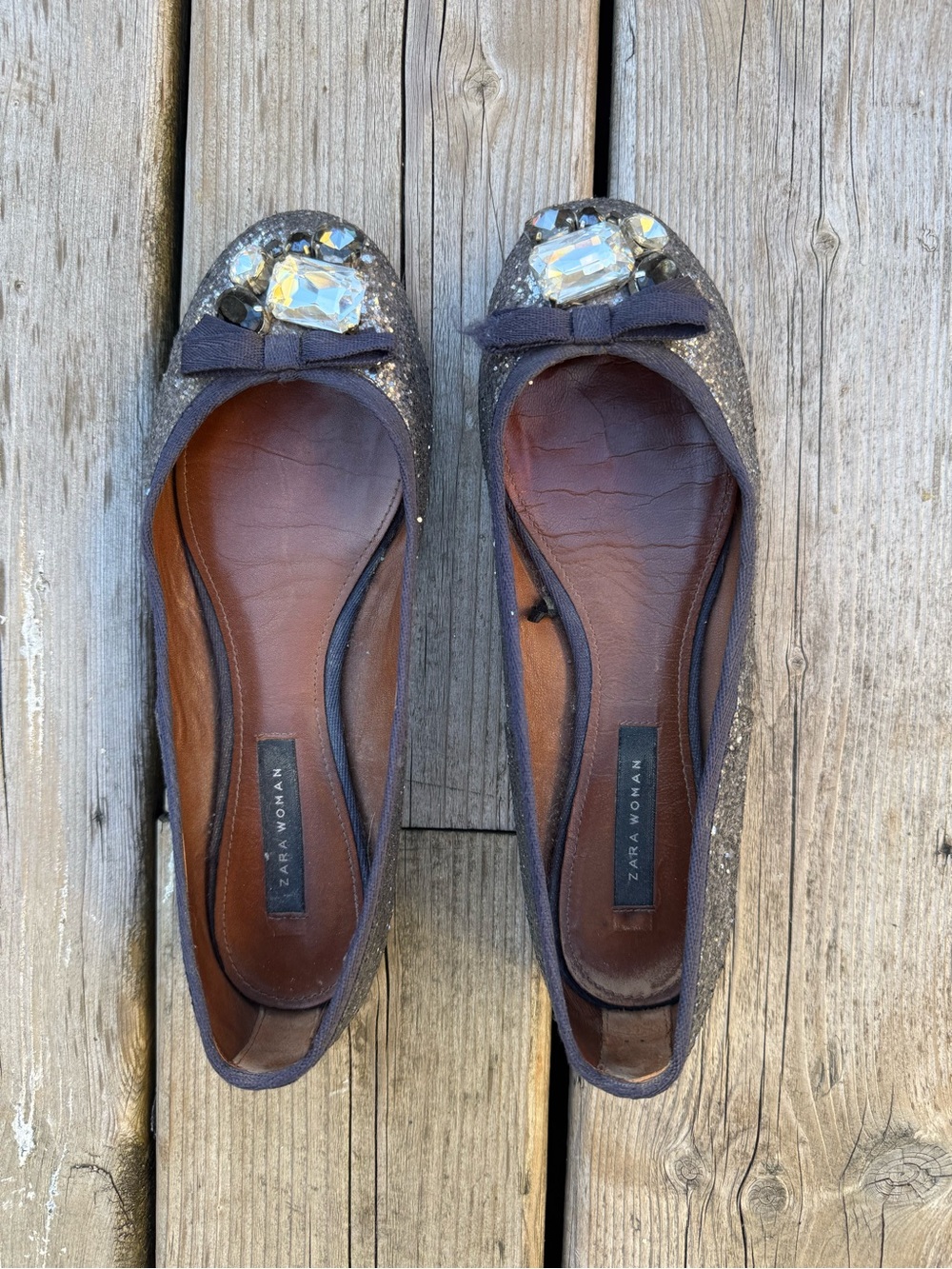 Zara Navy Blue Glitter Jewel Bow Ballet Flats